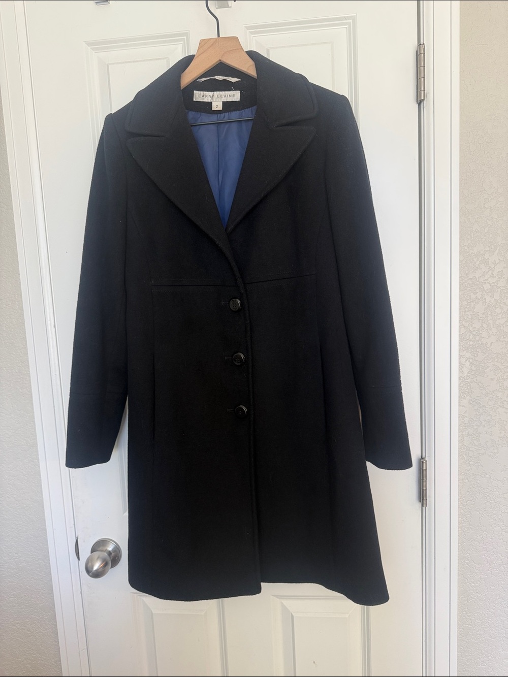 Larry Levine Black Pea Coat with Blue Lining